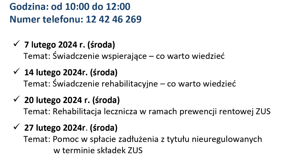 Plakat informacyjny - dyżury telefoniczne ZUS Kraków luty 2024 r.